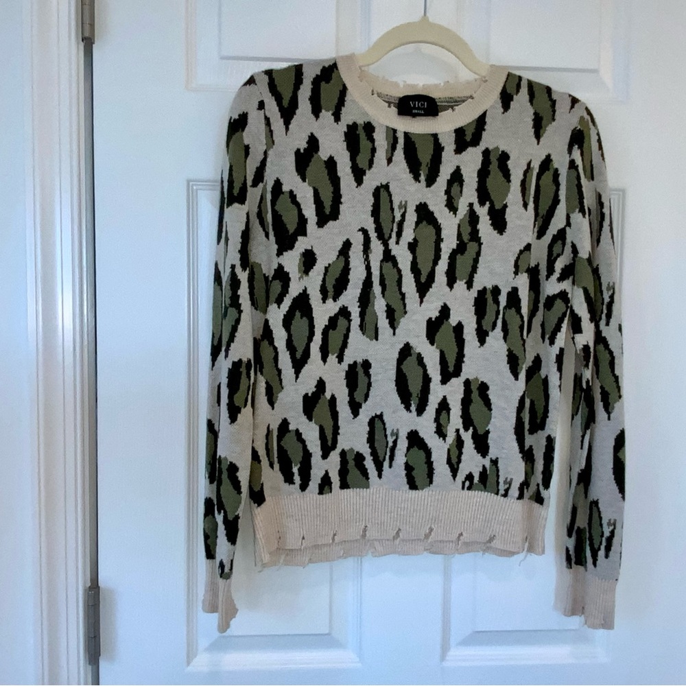 VICI - Size Small Distressed Olive Leopard Knit Sweater